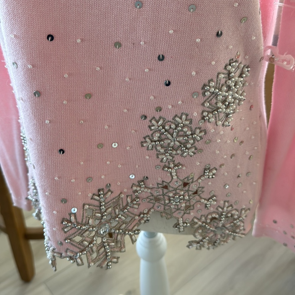 Lightweight pink feather lined v neck sweater with crystal embellishments - Picture 2 of 5
